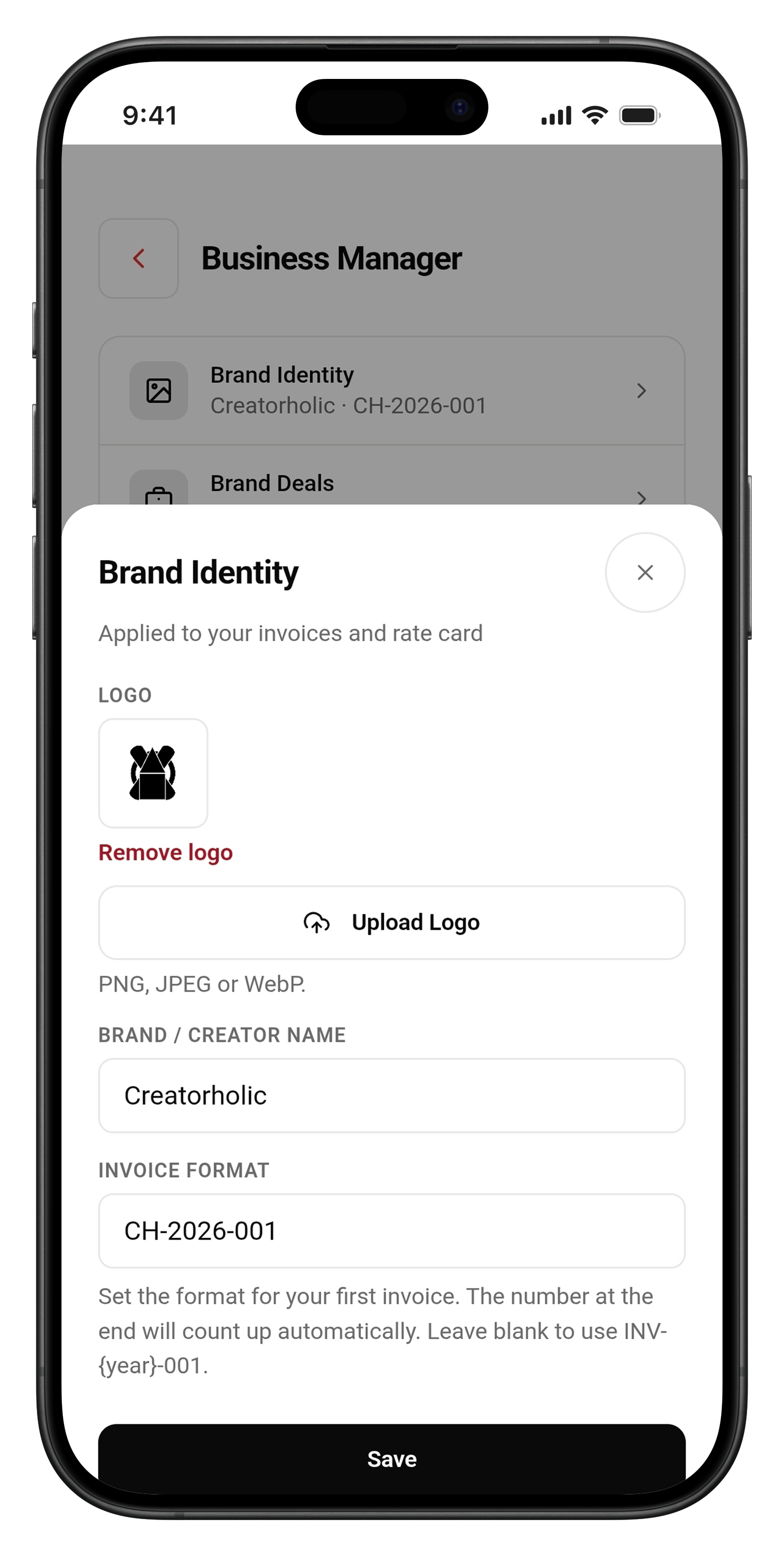 Creator Pipeline Brand Identity setup screen with logo upload and invoice format