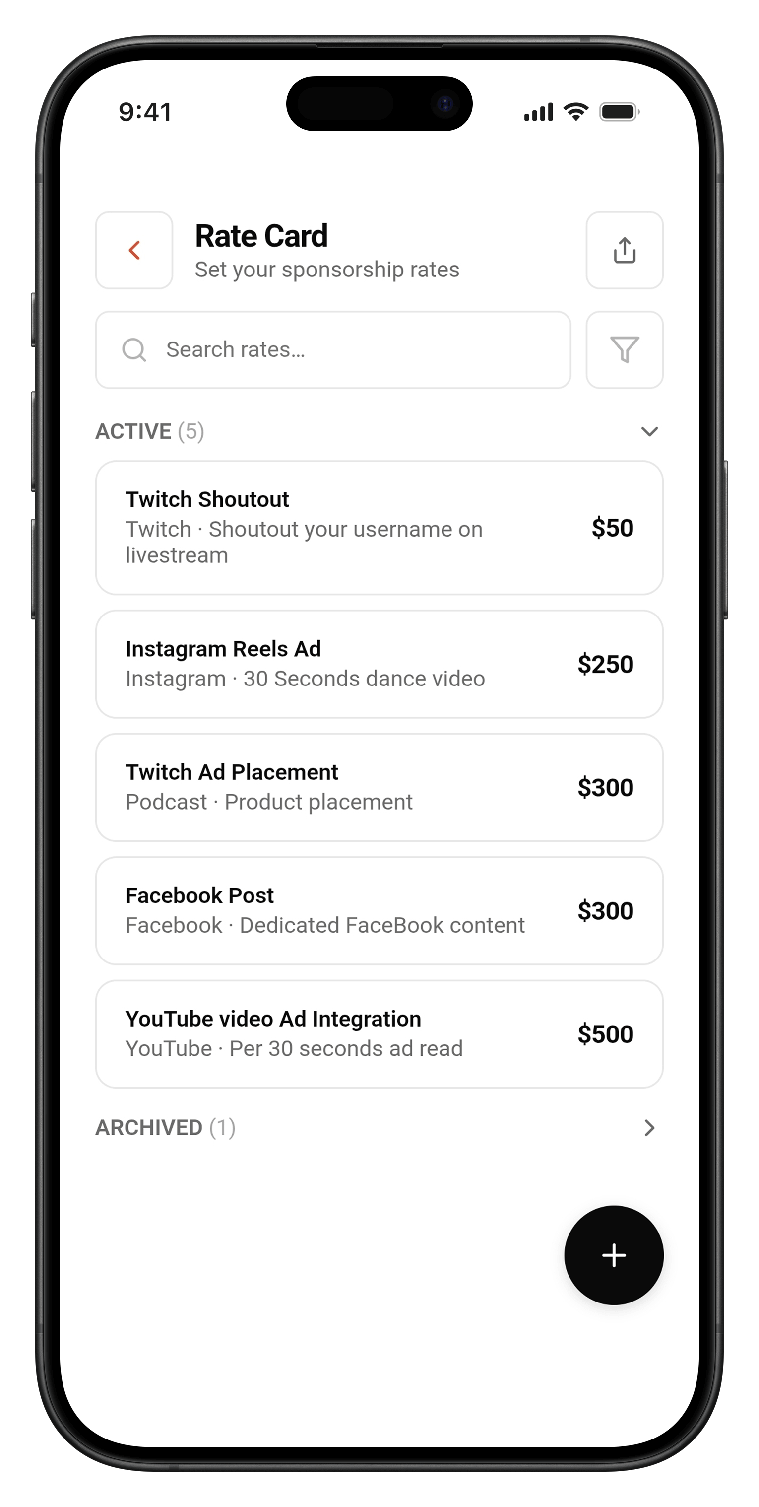 Creator Pipeline Rate Card screen listing platform services and prices