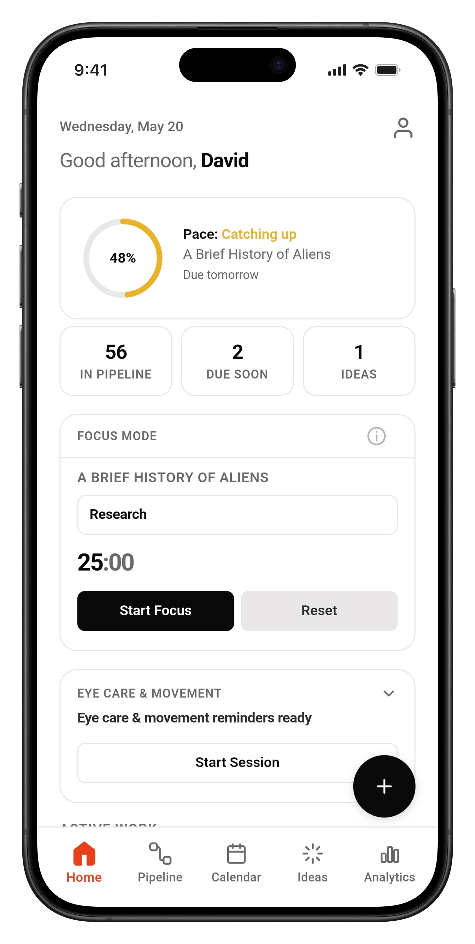 Creator Pipeline home screen showing Focus Mode Pomodoro timer and Wellness card