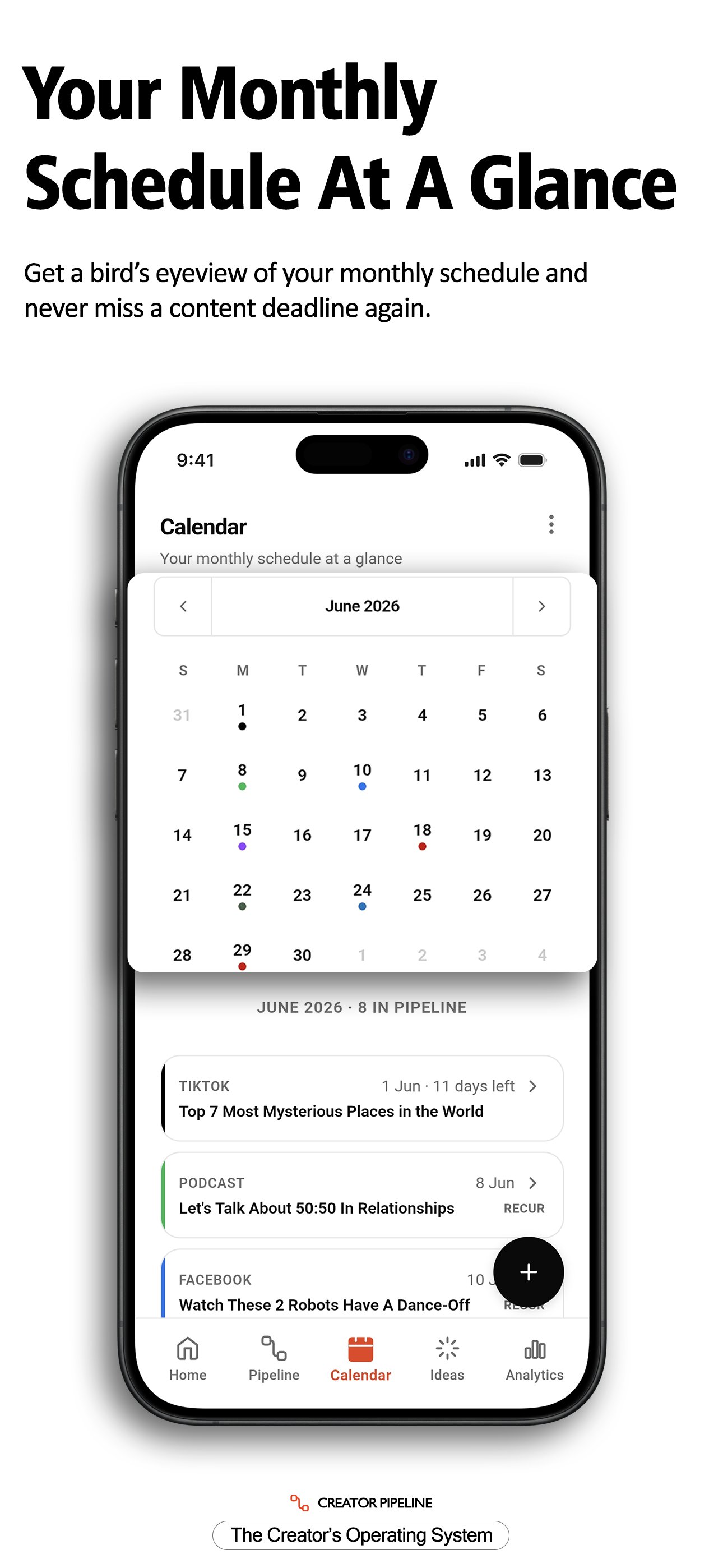 Creator Pipeline calendar view with color-coded platform dots