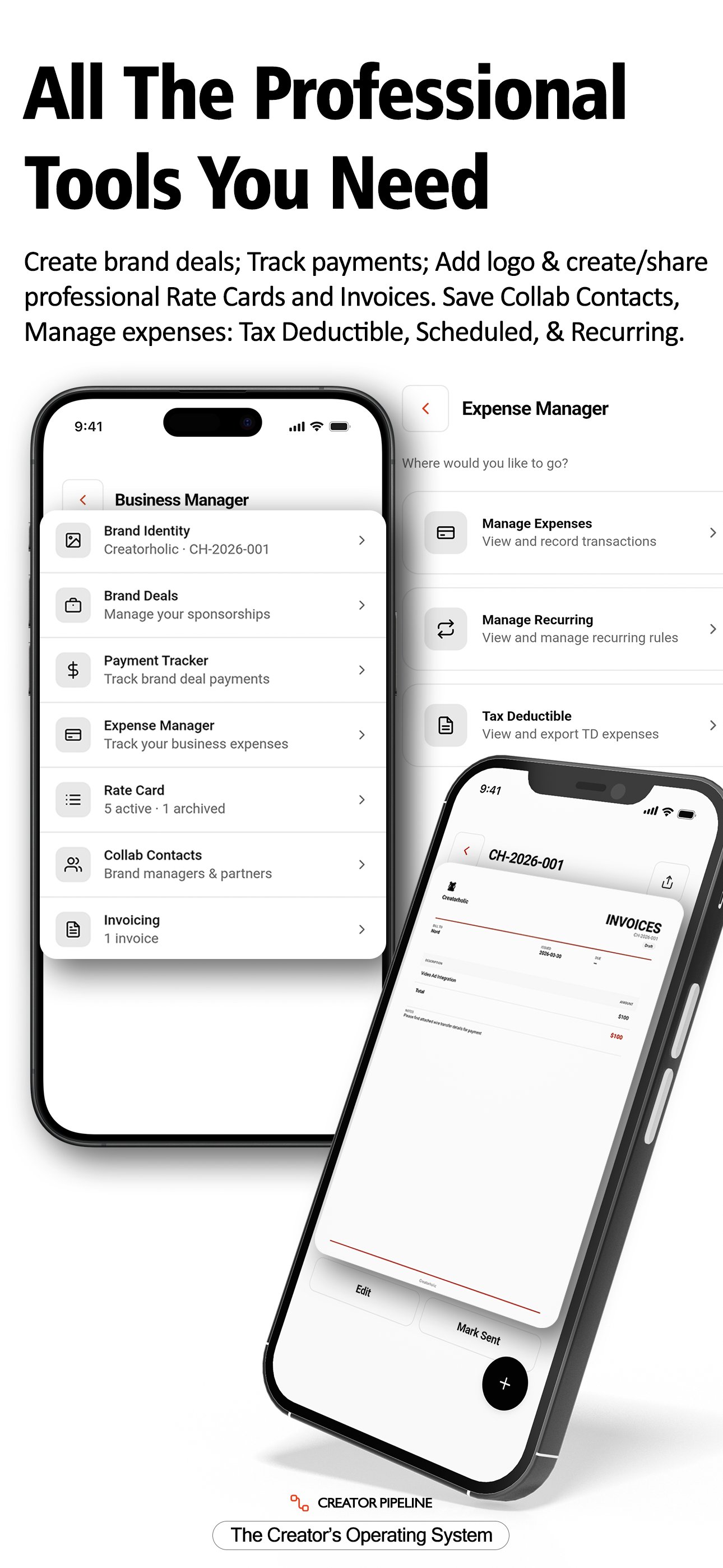Creator Pipeline Business Manager showing brand deals, invoicing and expense tools