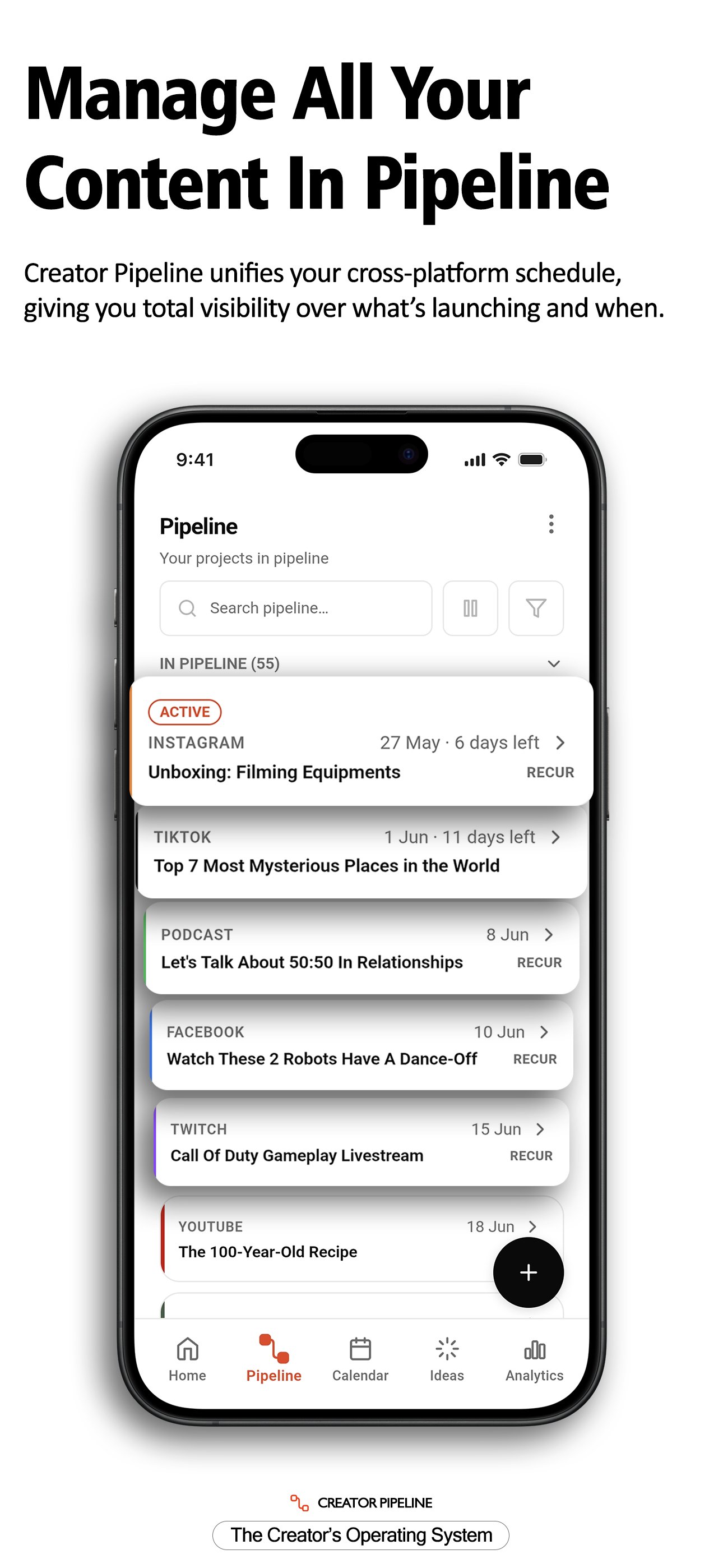 Creator Pipeline Pipeline view with multi-platform content projects